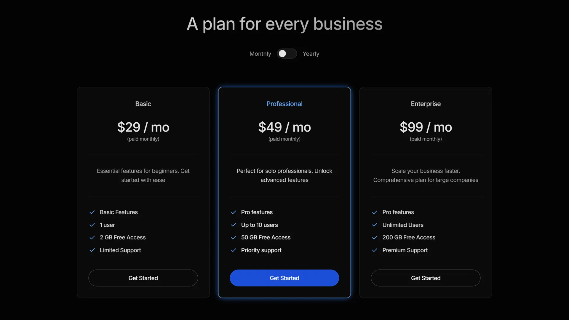 pricing cards